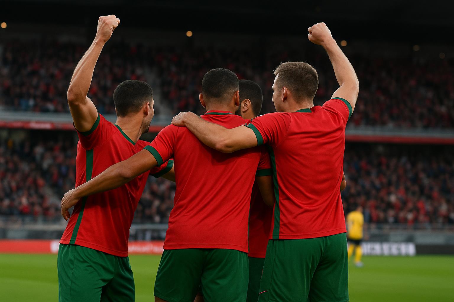 Spelers van Zulte Waregem vieren een doelpunt tijdens de 4-0 zege tegen RAAL La Louvière