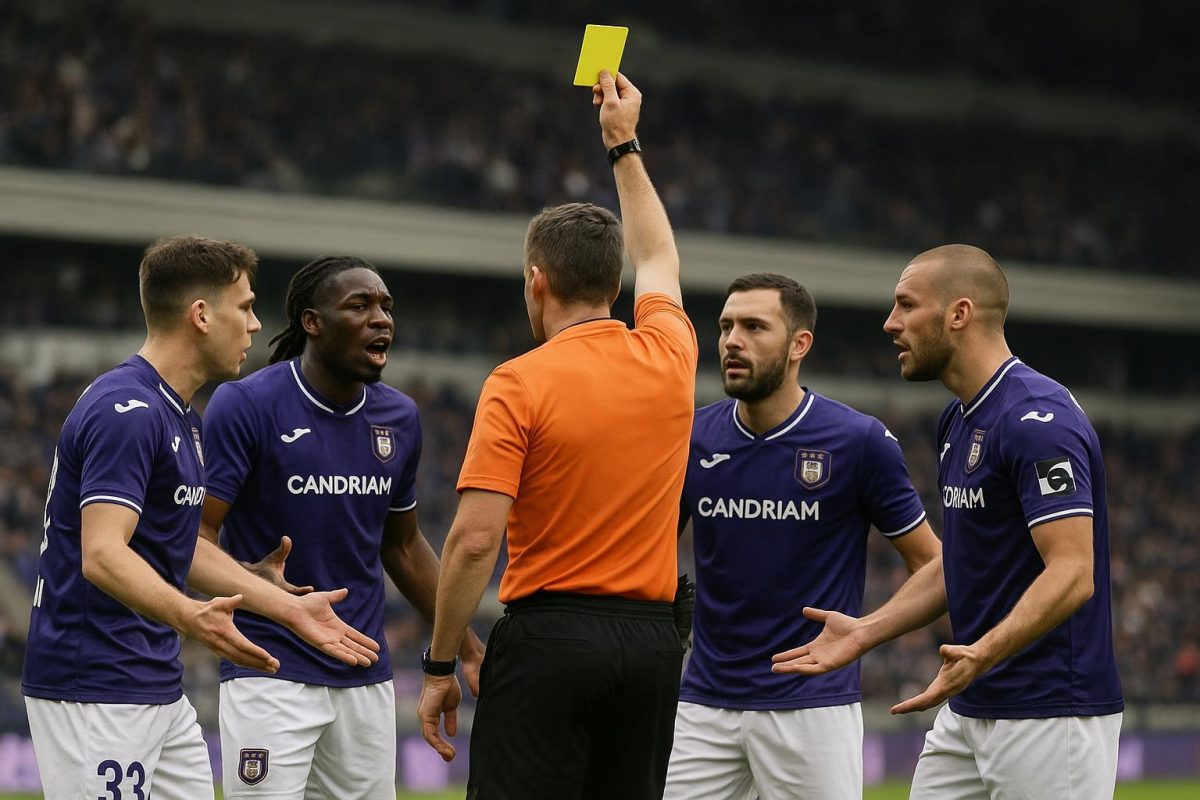 Spelmoment in het Lotto Park tijdens Anderlecht tegen Union, met discussie rond de rode kaart voor Killian Sardella.