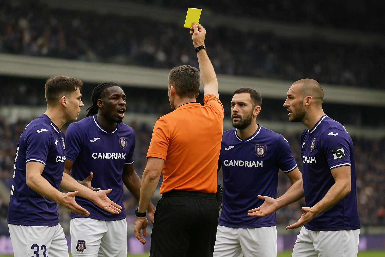Spelmoment in het Lotto Park tijdens Anderlecht tegen Union, met discussie rond de rode kaart voor Killian Sardella.