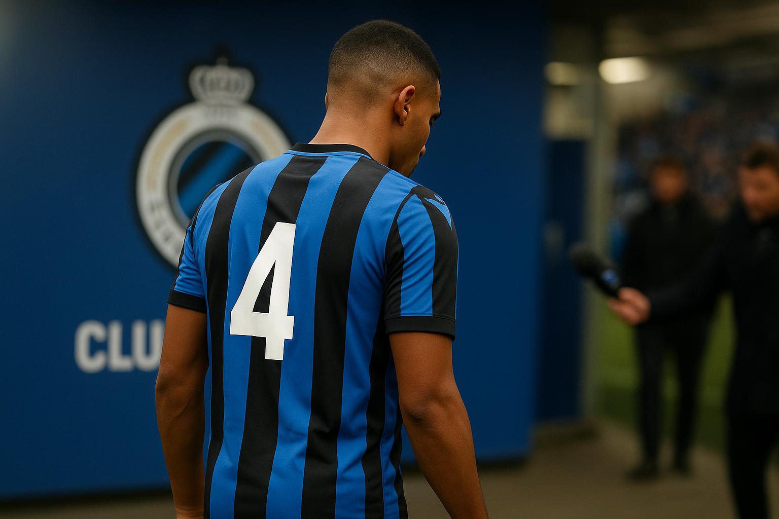 Een speler van Club Brugge in een stadionomgeving in transfersfeer, zonder herkenbare gezichten.