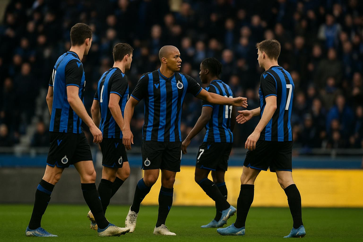 Spelers van Club Brugge samen op het veld in een gespannen titelsfeer