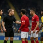 Spelers van Union SG en RSC Anderlecht discussiëren na een fases in de Brusselse derby.