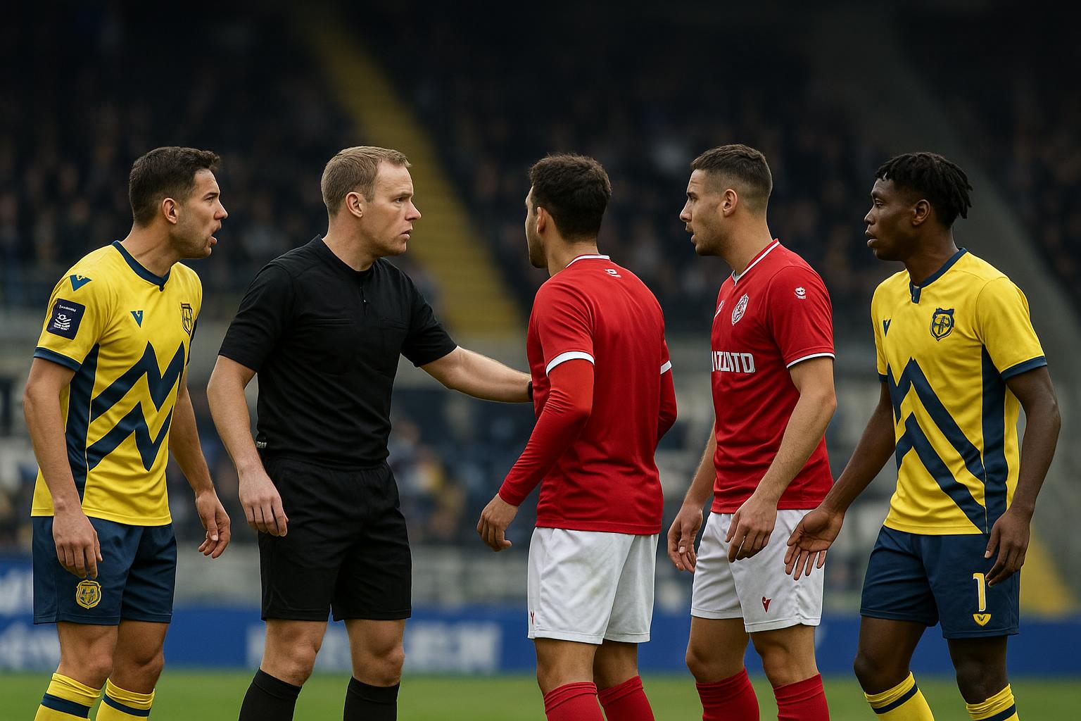 Spelers van Union SG en RSC Anderlecht discussiรซren na een fases in de Brusselse derby.