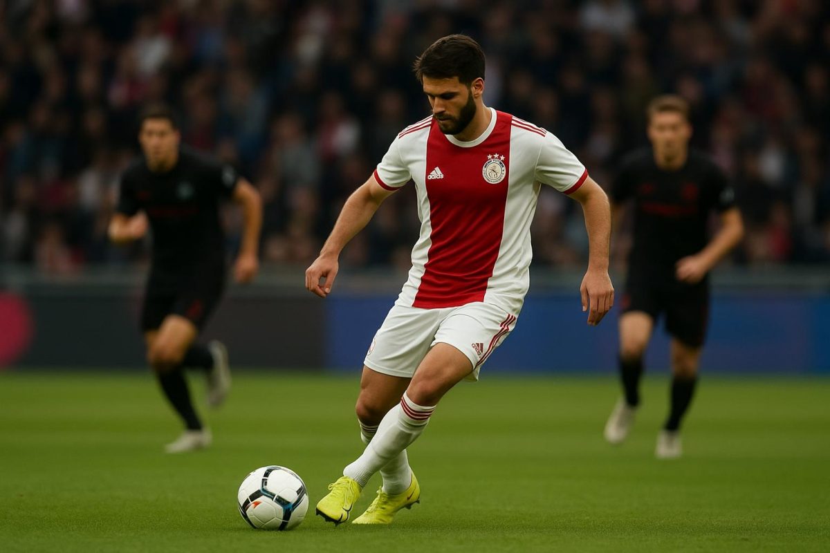 Mika Godts in actie voor Ajax tijdens een wedstrijd, terwijl hij met de bal vooruit dribbelt.