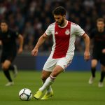 Mika Godts in actie voor Ajax tijdens een wedstrijd, terwijl hij met de bal vooruit dribbelt.