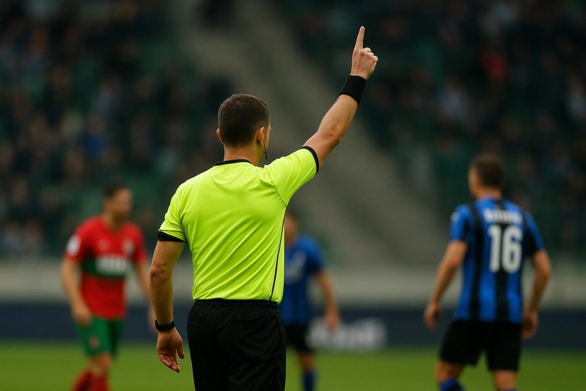 Scheidsrechter in Anderlecht-Union met VAR-gebaar tijdens een wedstrijdmoment