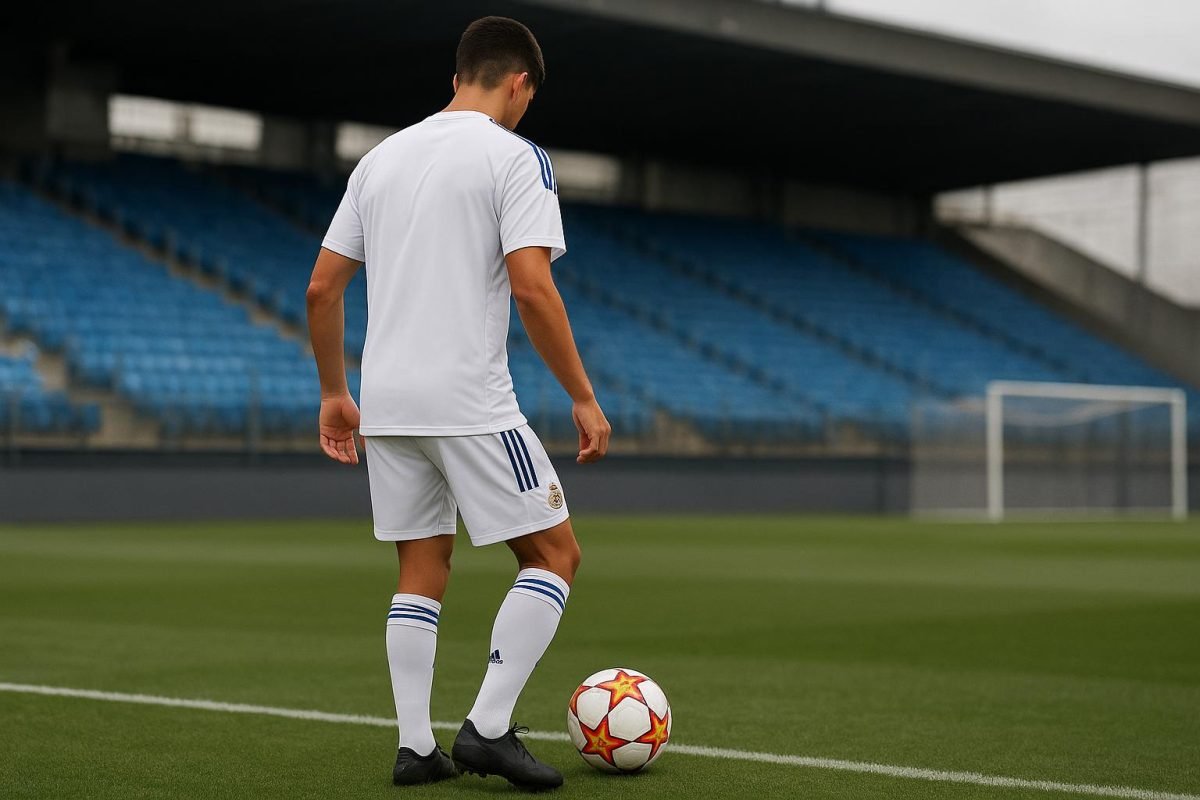 Een trainingsbeeld van Real Madrid Castilla op het oefenveld, met focus op een rechtsback in actie zonder herkenbare gezichten.