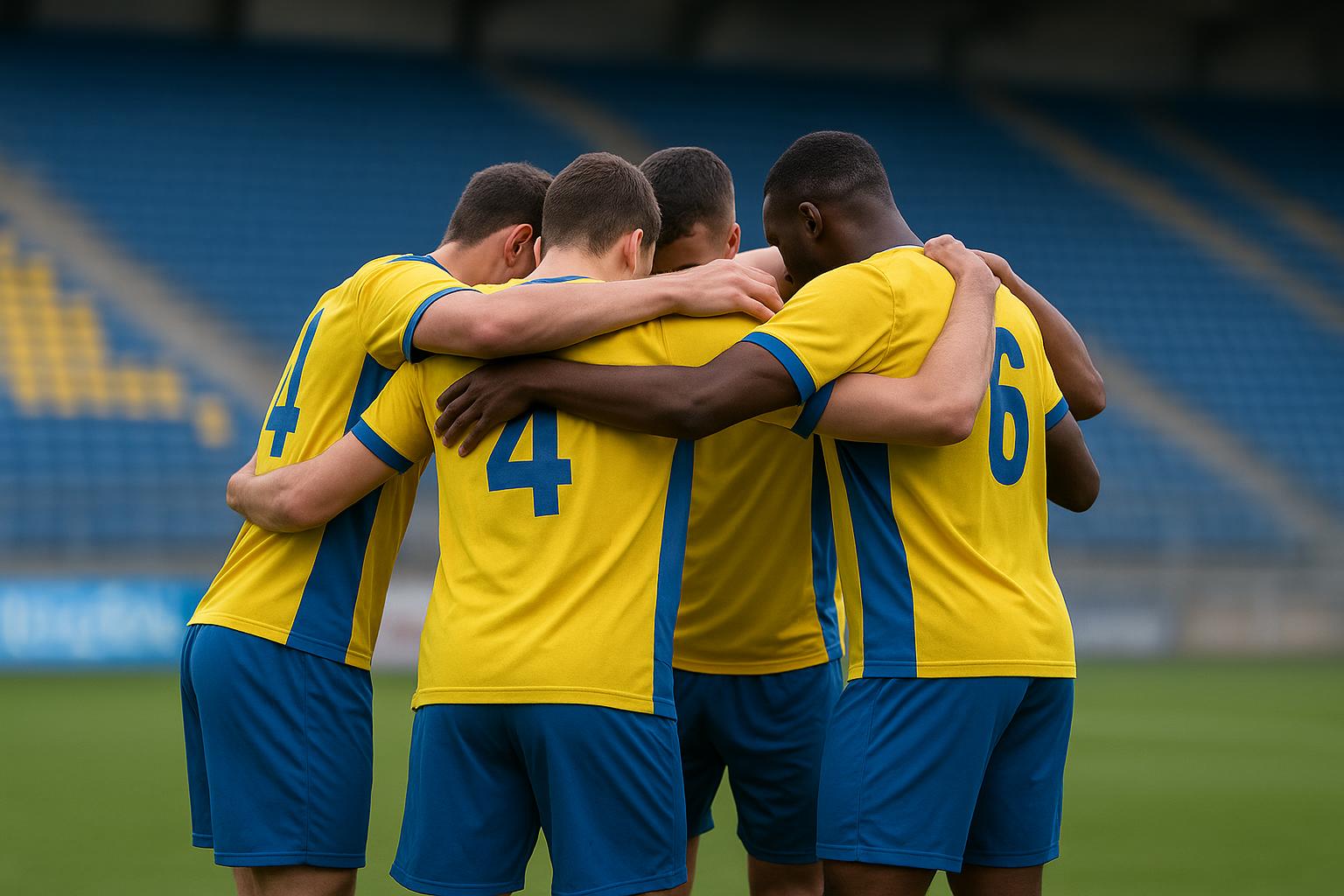 Spelers van STVV vieren samen na een wedstrijd, met focus op de ploeg in geel-blauw.