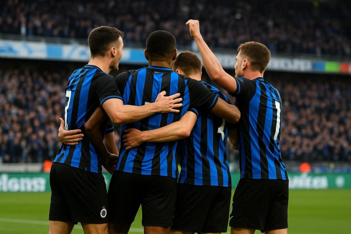 Spelers van Club Brugge vieren een doelpunt in een uitmatch in Gent.