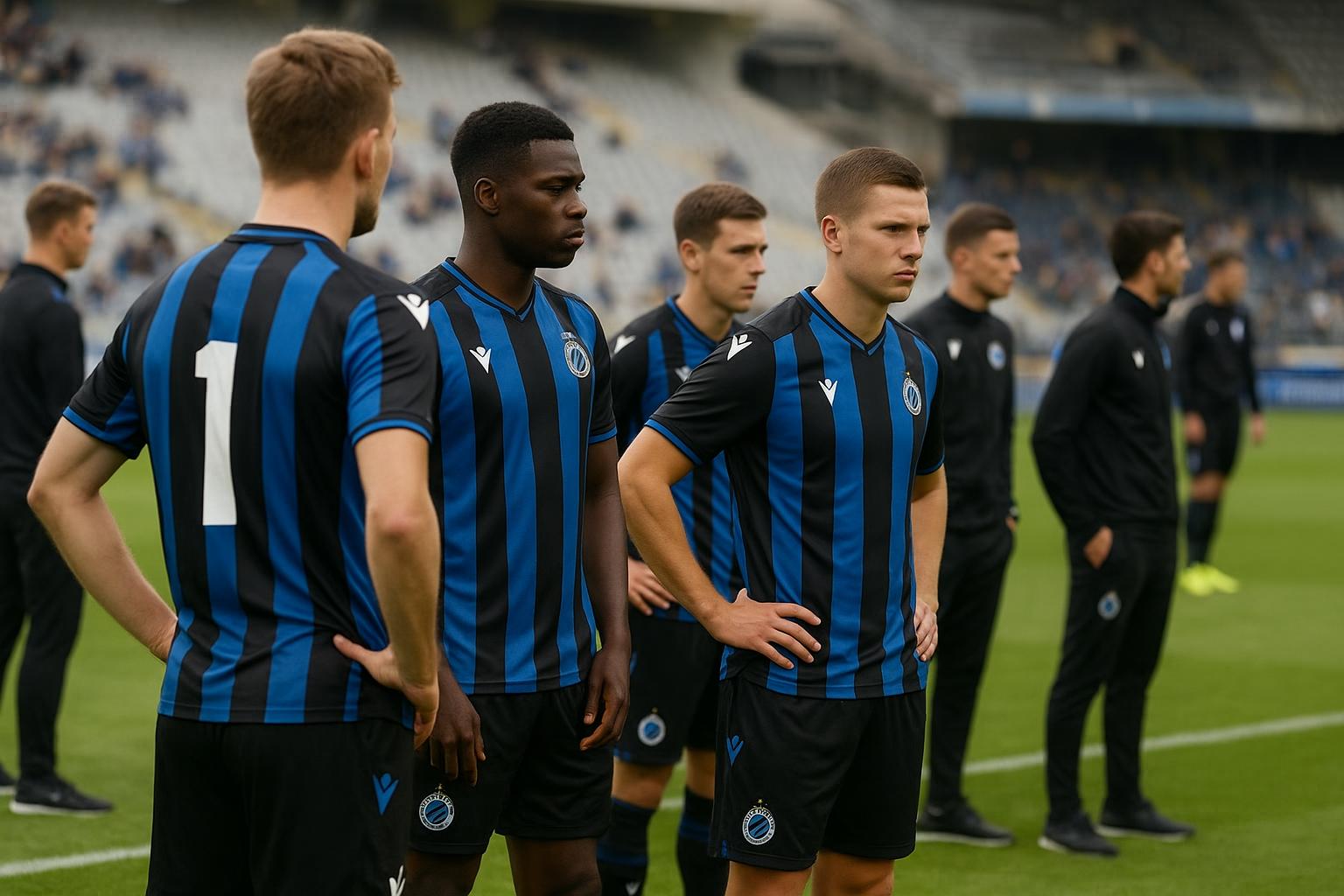 Spelers van Club Brugge vieren samen een doelpunt in het stadion.