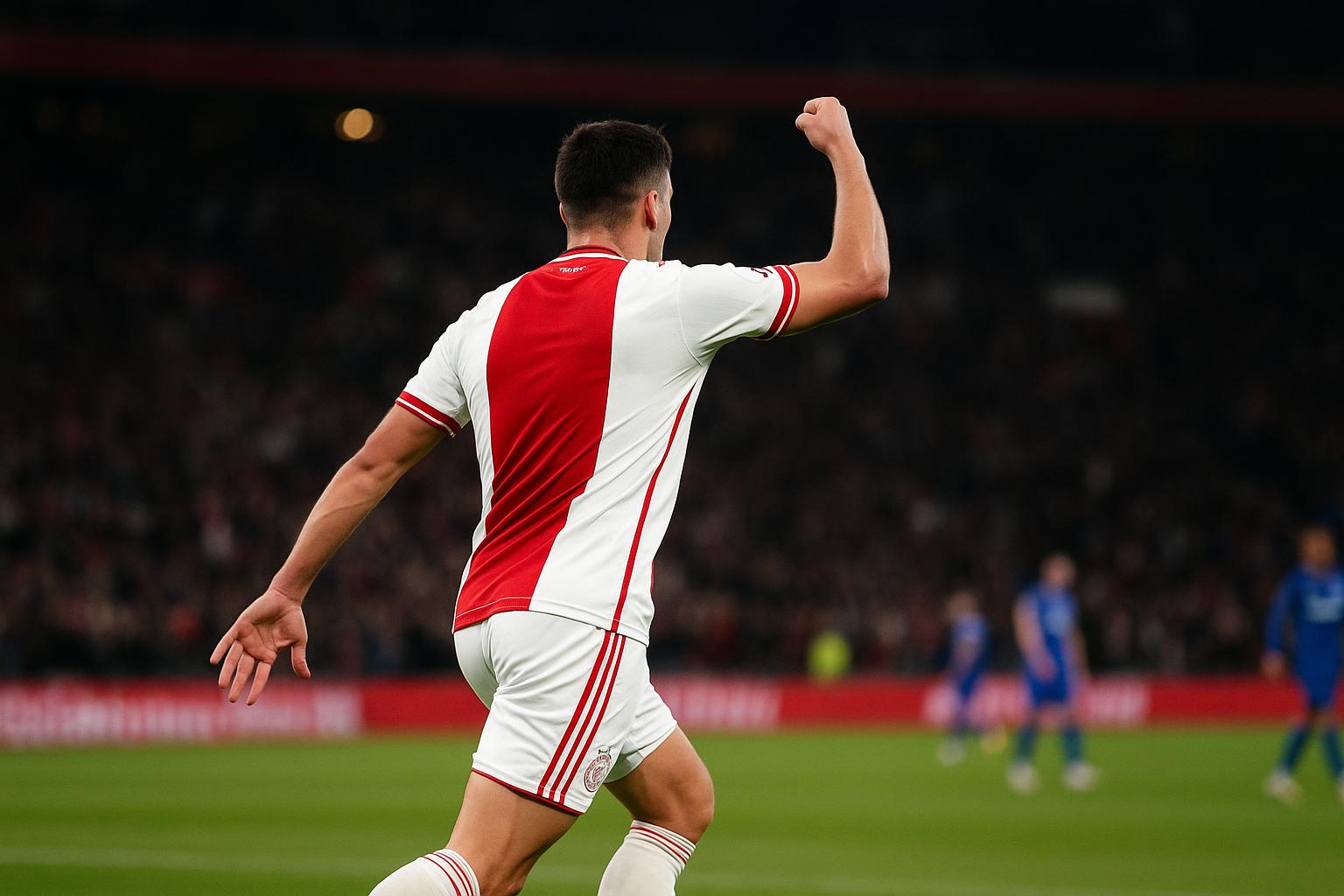 Mika Godts viert zijn doelpunt voor Ajax tegen NAC Breda