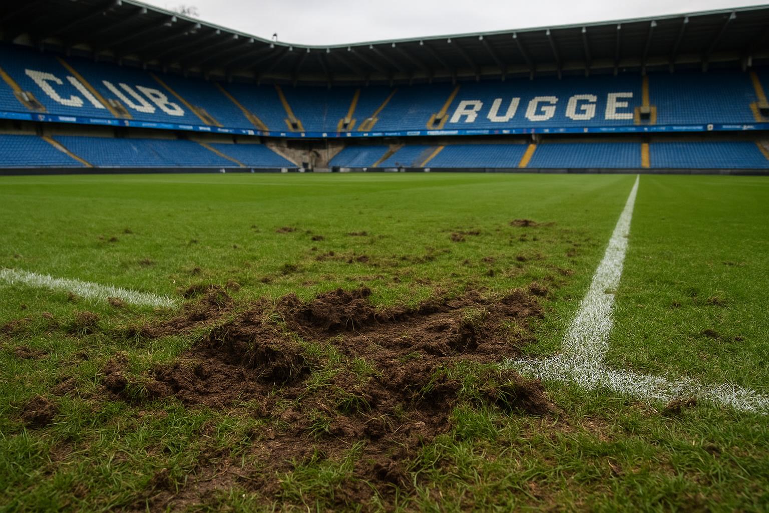Sfeerbeeld van het Jan Breydelstadion in Brugge met focus op het veld en stadionomgeving