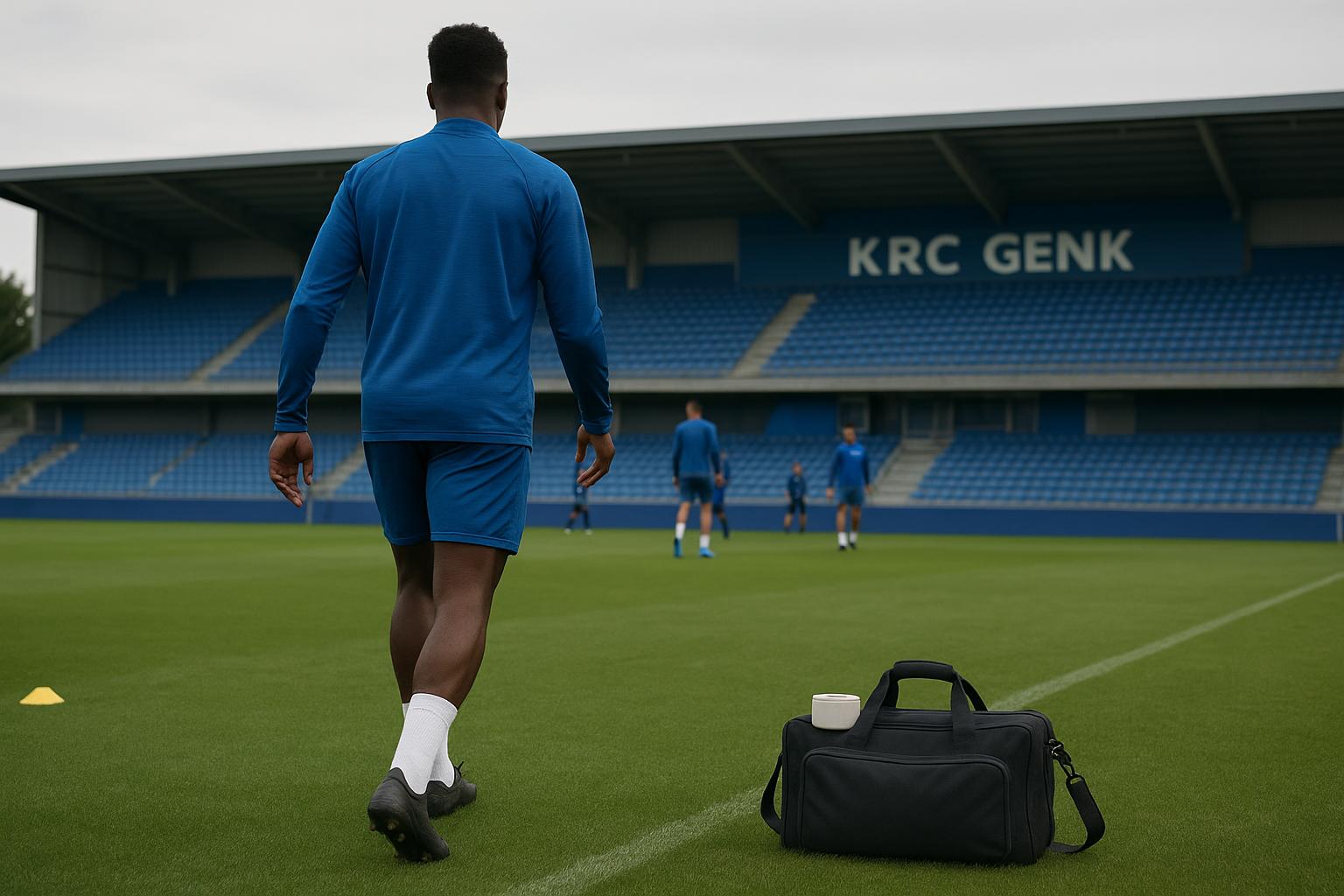 Spelers van KRC Genk op training terwijl de medische staf toekijkt