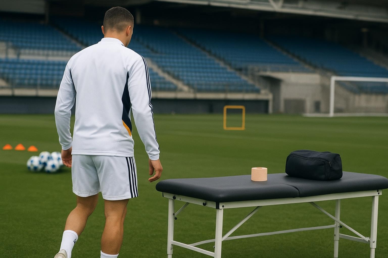 Een sfeerbeeld rond Real Madrid na blessurenieuws, met focus op training en medische context zonder herkenbare gezichten.