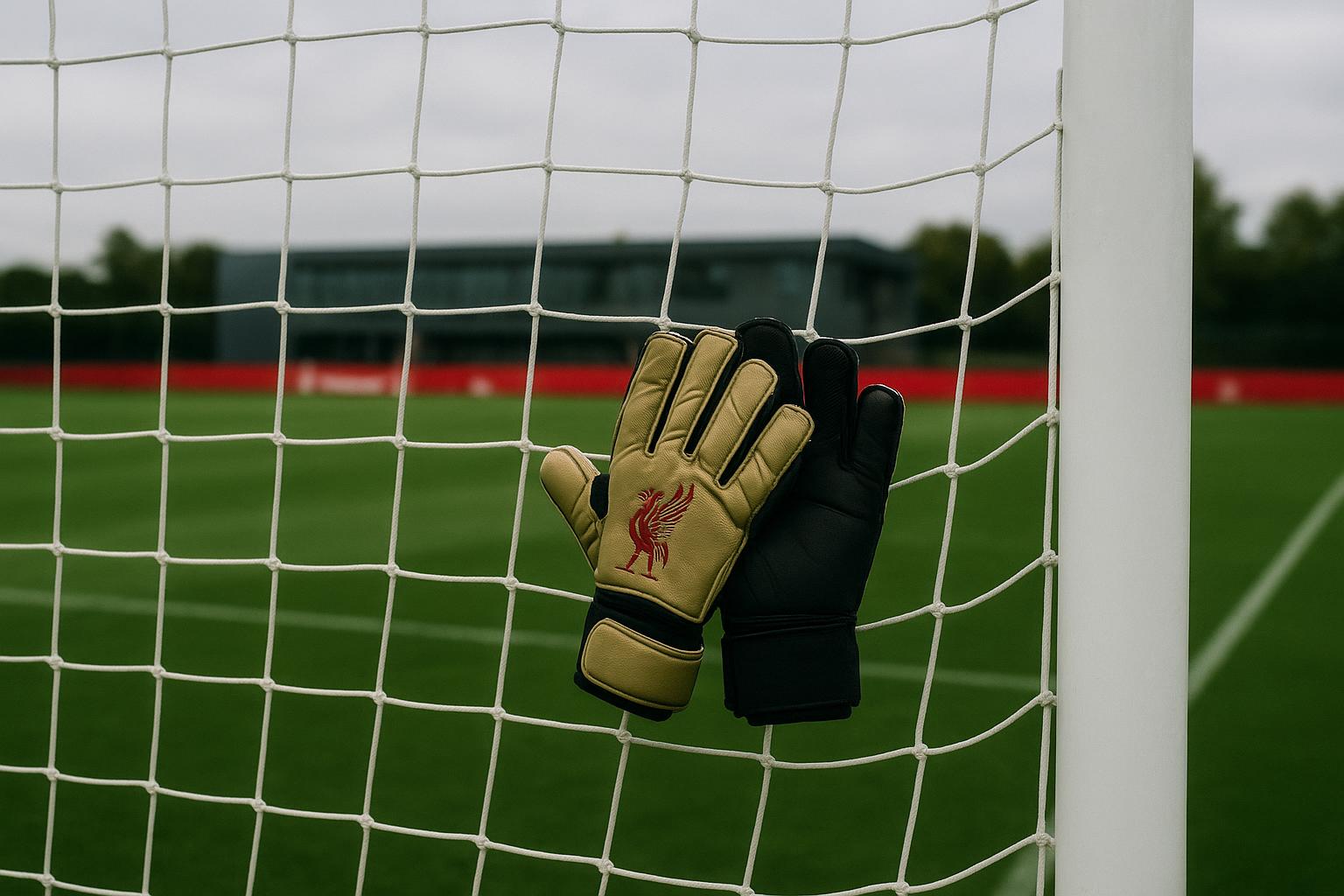 Doelnet en keepershandschoenen op een trainingsterrein van Liverpool