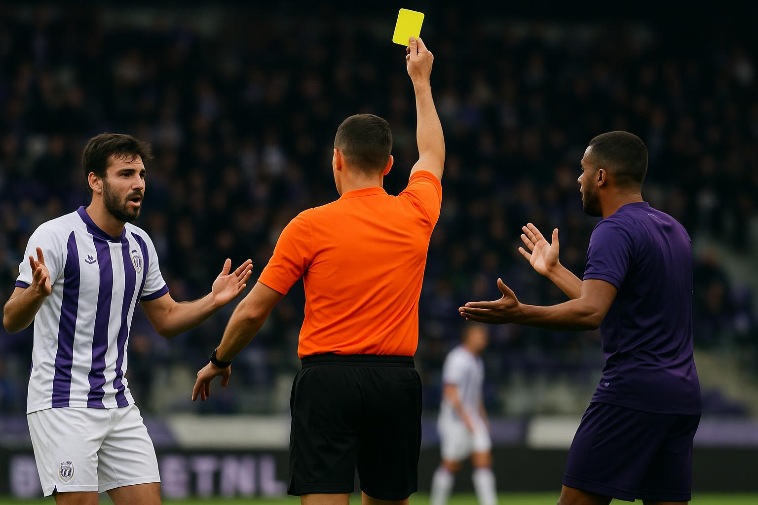 Spelsituatie met een scheidsrechter die een kaart trekt tijdens Anderlecht tegen Union