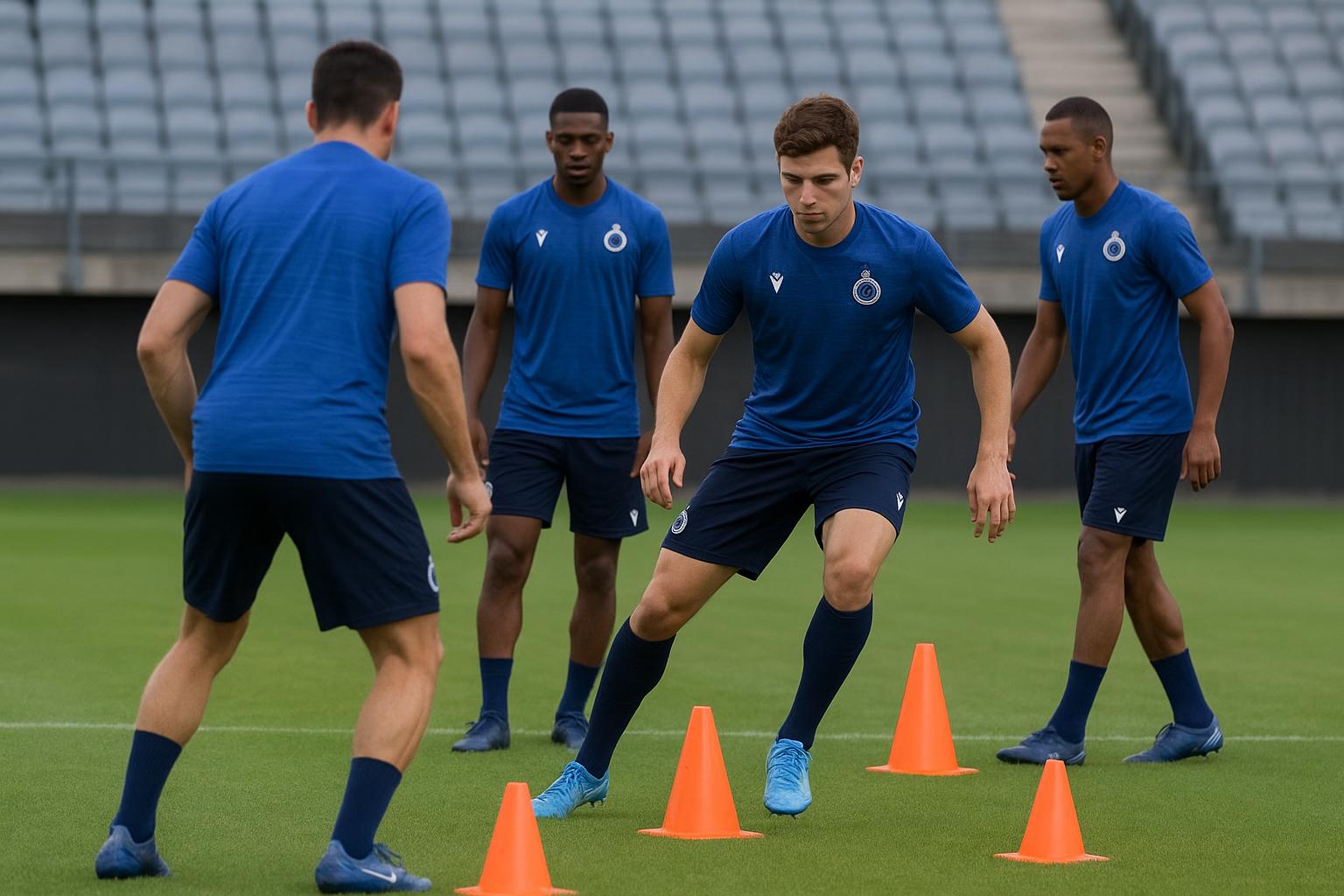 Spelers van Club Brugge tijdens een training, met focus op de defensiezone op het veld.