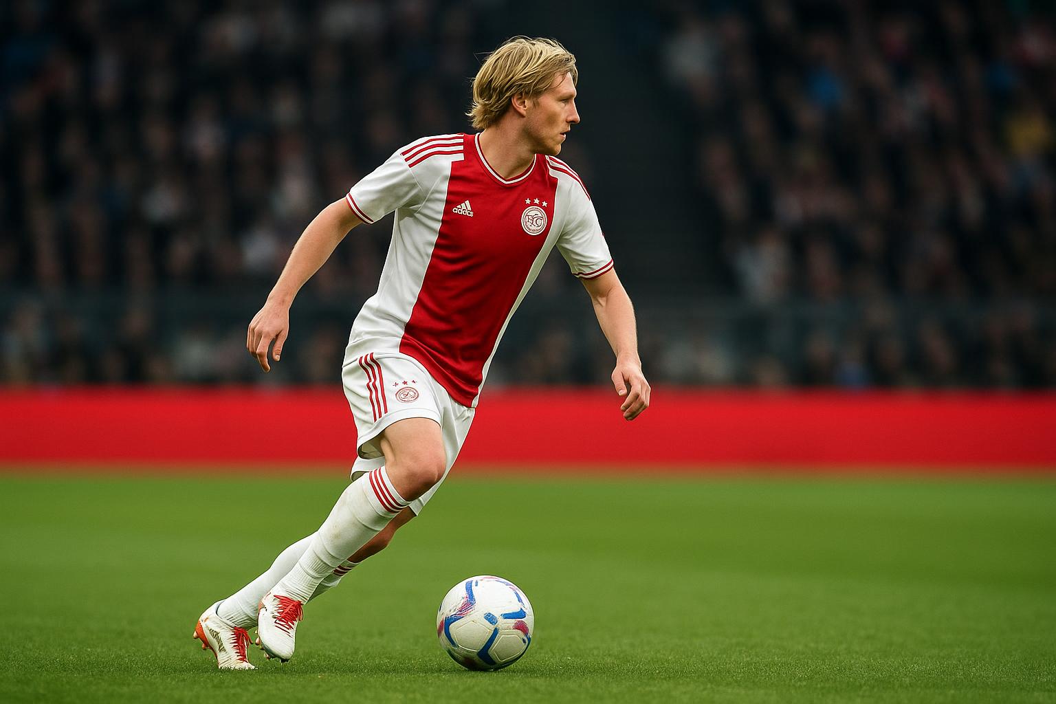 Actiemoment van Mika Godts in het shirt van Ajax tijdens een wedstrijd