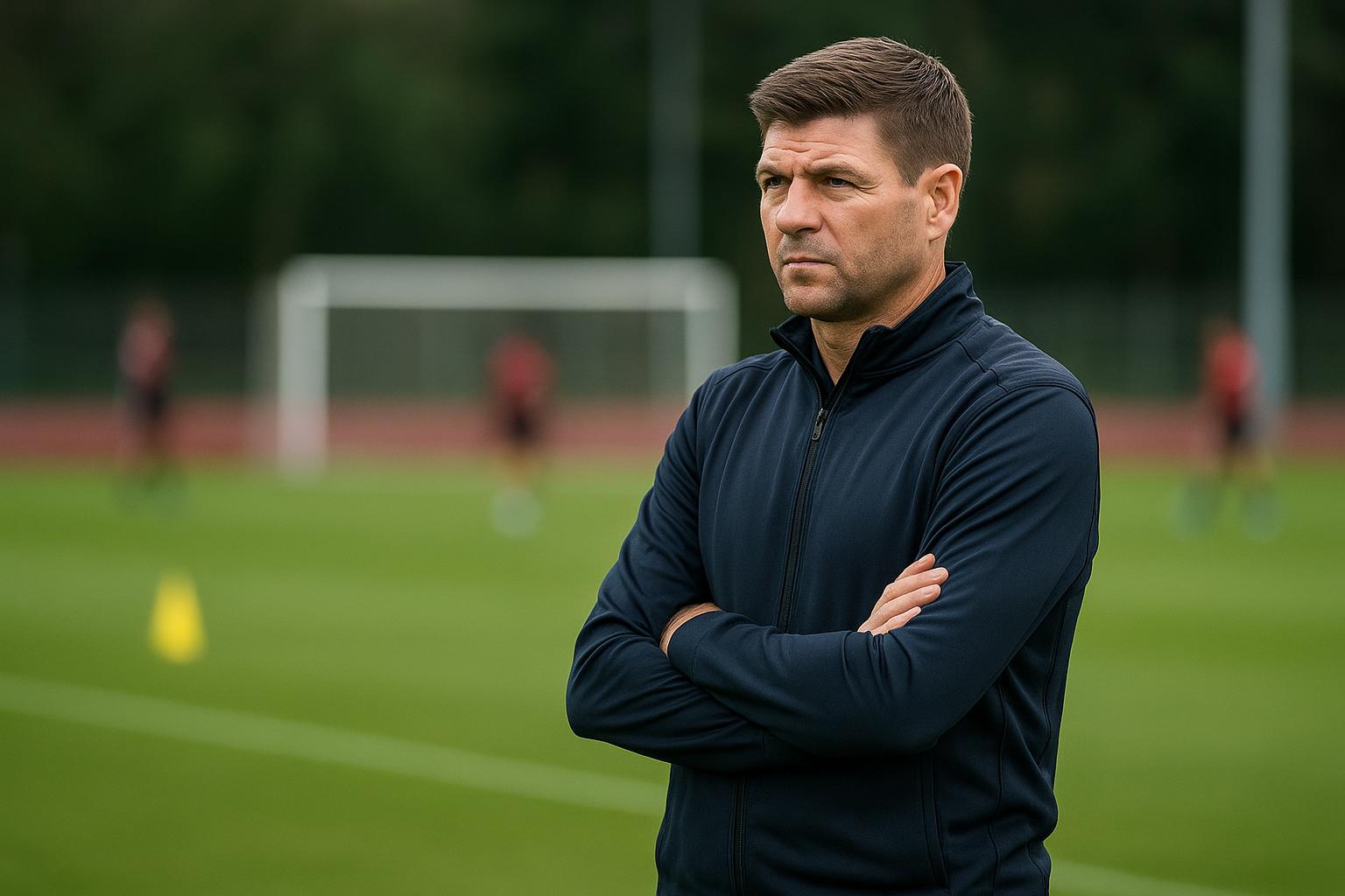 Steven Gerrard in trainingscontext als trainer op een Engels oefencomplex