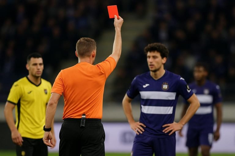 Killian Sardella van RSC Anderlecht na zijn rode kaart in het duel tegen Union in het Lotto Park