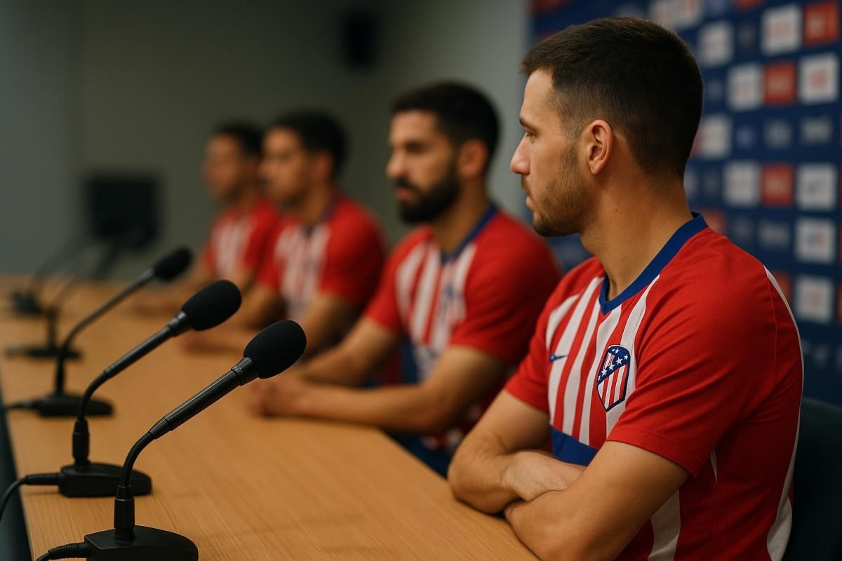 Julian Alvarez van Atlético Madrid tijdens een persmoment in aanloop naar de Champions League.