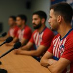 Julian Alvarez van Atlético Madrid tijdens een persmoment in aanloop naar de Champions League.