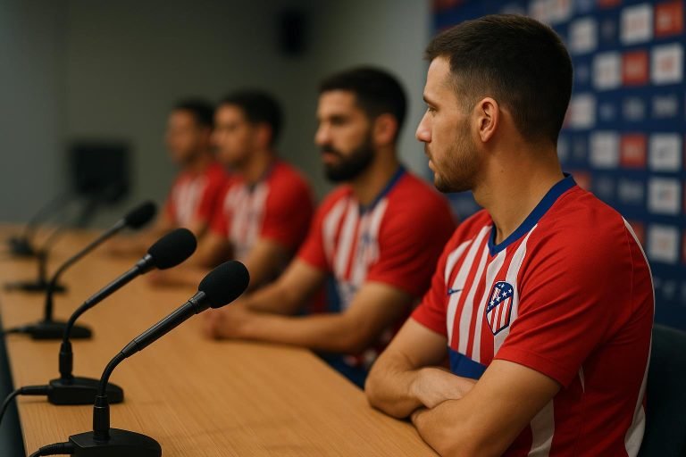 Julian Alvarez van Atlético Madrid tijdens een persmoment in aanloop naar de Champions League.