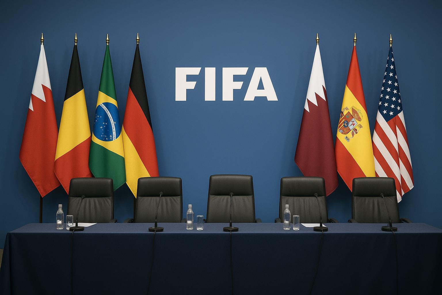 Sfeerbeeld van een FIFA-congreslocatie met vlaggen en vergaderzaal
