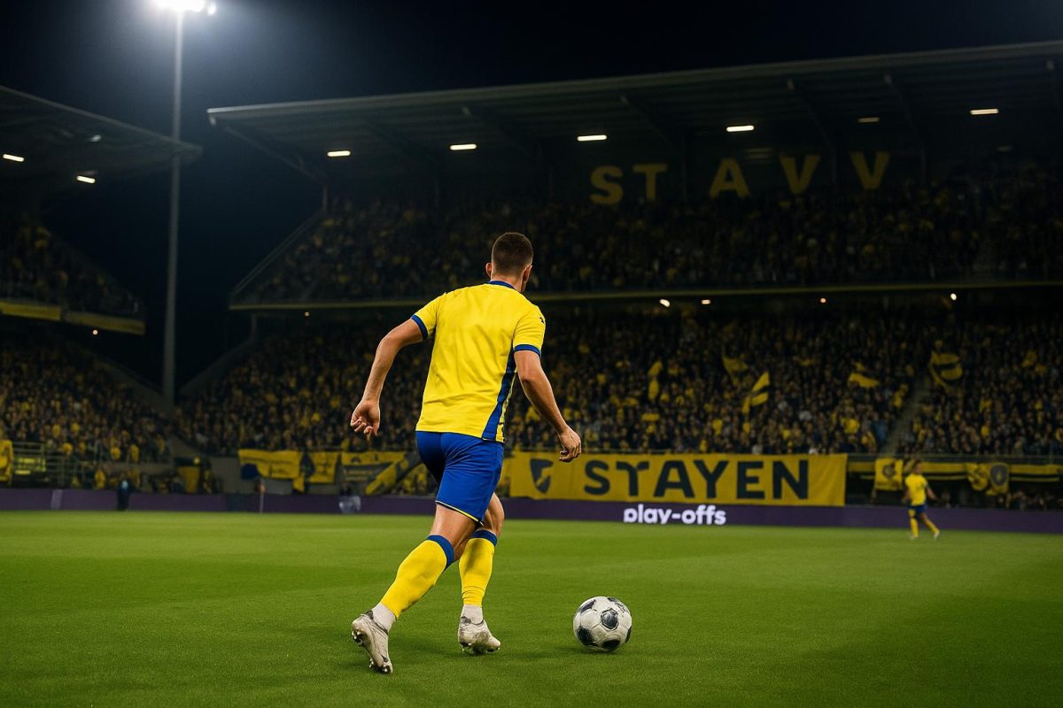 Sfeershot in en rond Stayen bij STVV, met stadionlichten en tribunes op de achtergrond