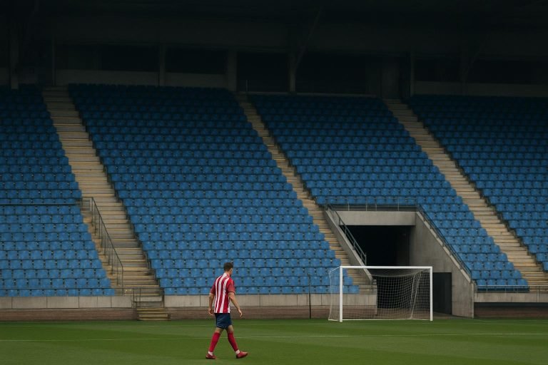 Leeg stadionbeeld bij een Belgische club uit Eerste Nationale, als symbool voor financiële druk