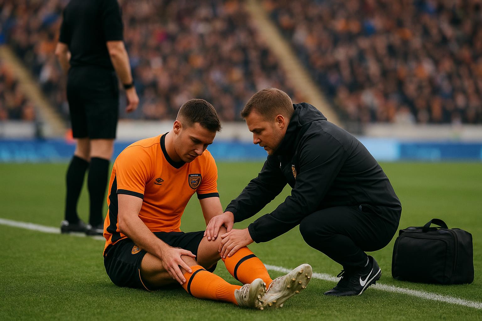Eliot Matazo van Hull City verlaat geblesseerd het veld tijdens een wedstrijd.