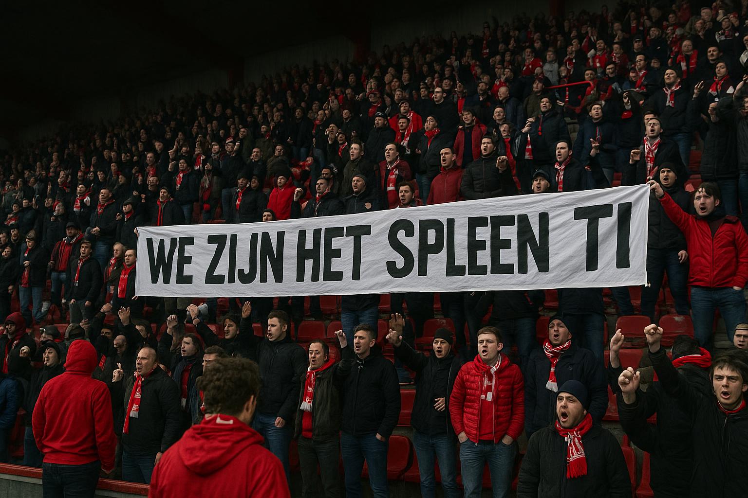 Protest van Standard Luik-supporters met spandoek in een stadionomgeving