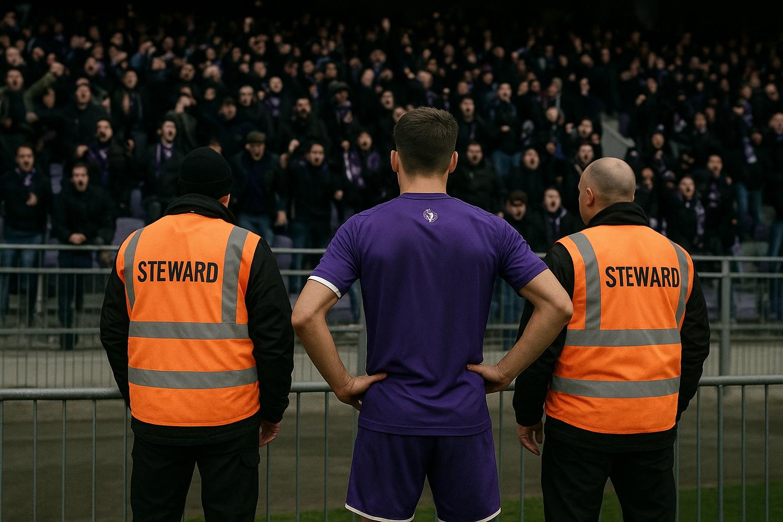 Sfeerbeeld in een stadion tijdens Beerschot tegen Patro Eisden met focus op spanning langs de zijlijn