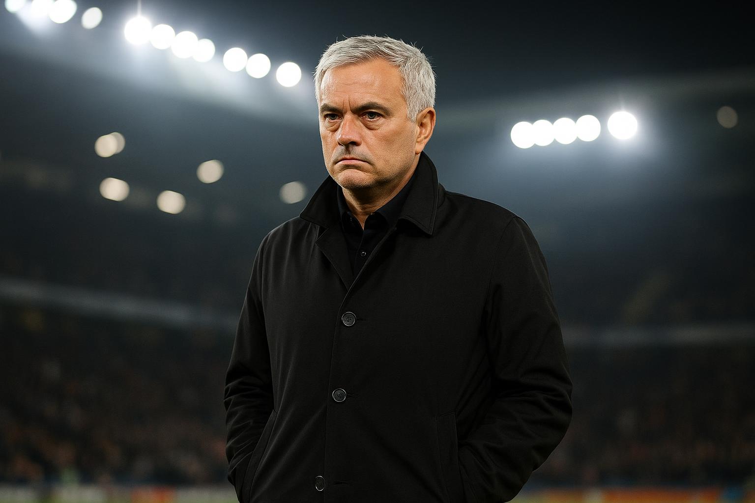 José Mourinho in een coachescontext tijdens een wedstrijd, met de sfeer van een topstadion op de achtergrond