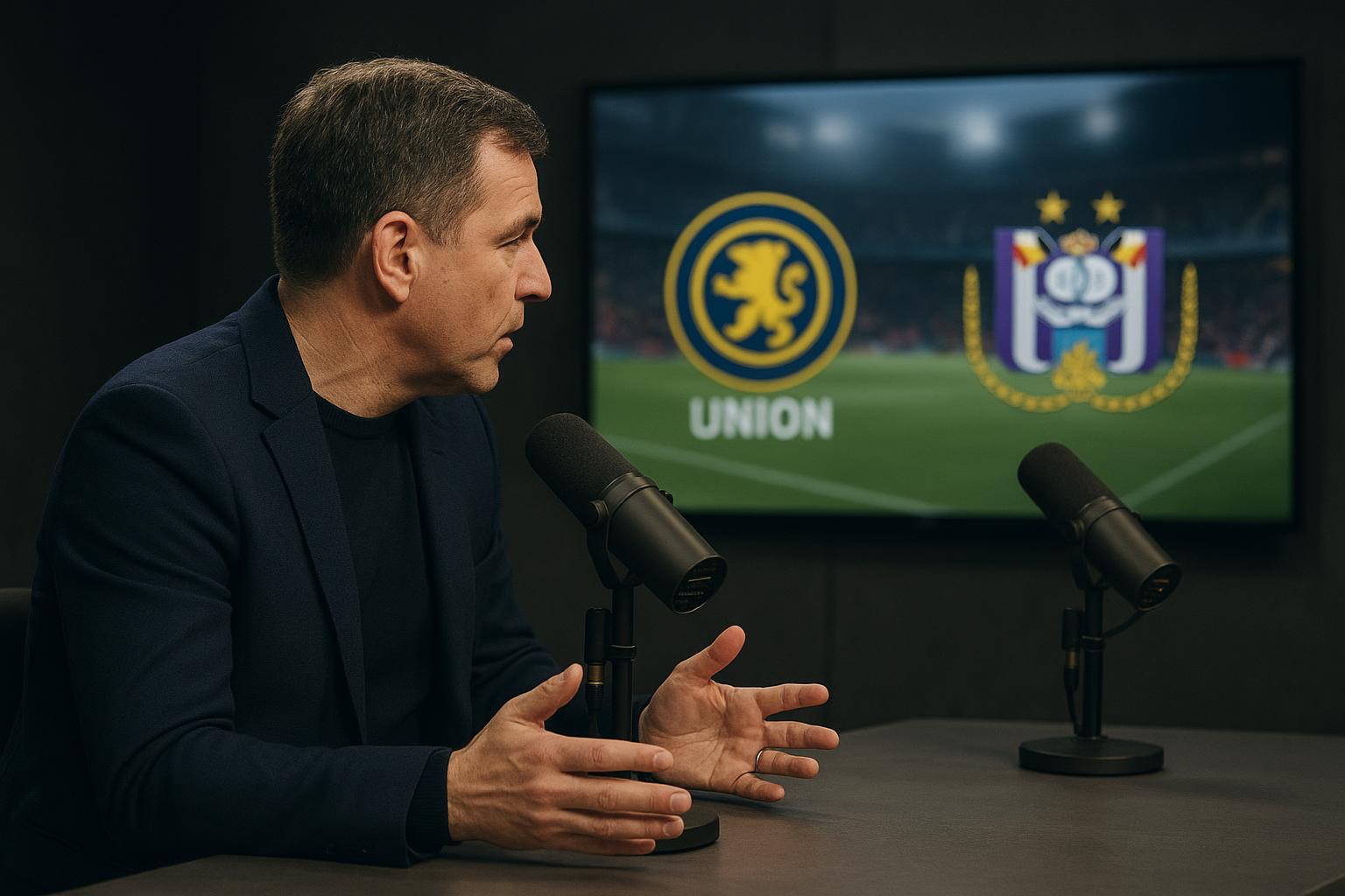 Sfeerbeeld van een voetbalstudio met microfoons en een tafelgesprek over Union en Anderlecht