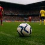 Sfeerbeeld in een stadion tijdens de Jupiler Pro League play-offs, met spelers op afstand en zonder herkenbare gezichten.