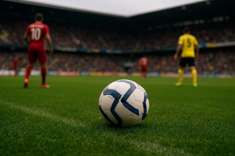 Sfeerbeeld in een stadion tijdens de Jupiler Pro League play-offs, met spelers op afstand en zonder herkenbare gezichten.