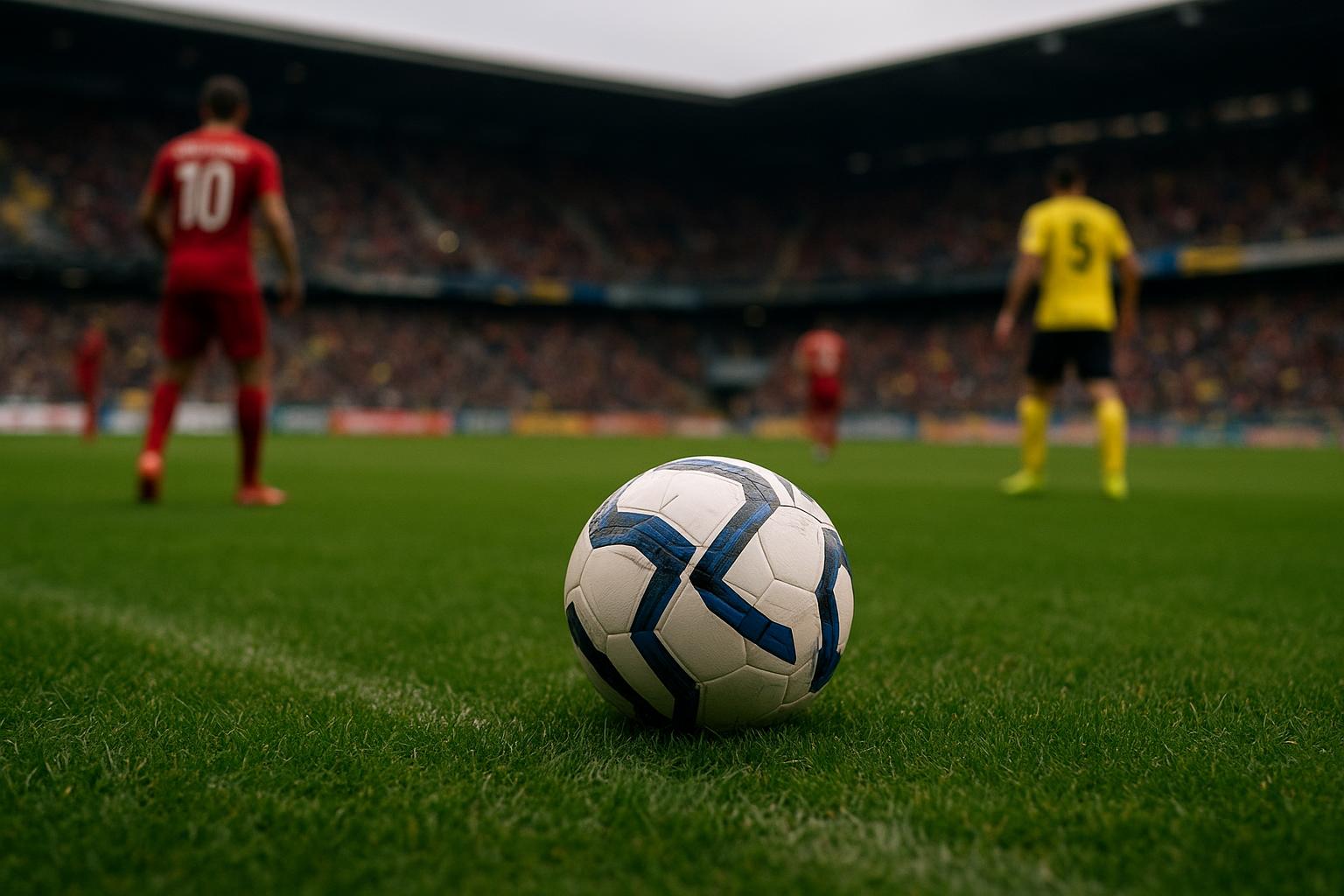 Sfeerbeeld in een stadion tijdens de Jupiler Pro League play-offs, met spelers op afstand en zonder herkenbare gezichten.