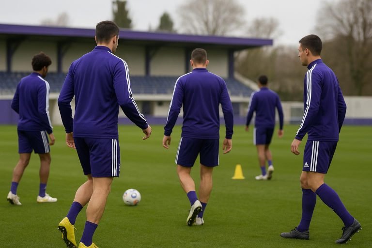 Trainingssfeer bij RSC Anderlecht in Neerpede met spelers op de achtergrond