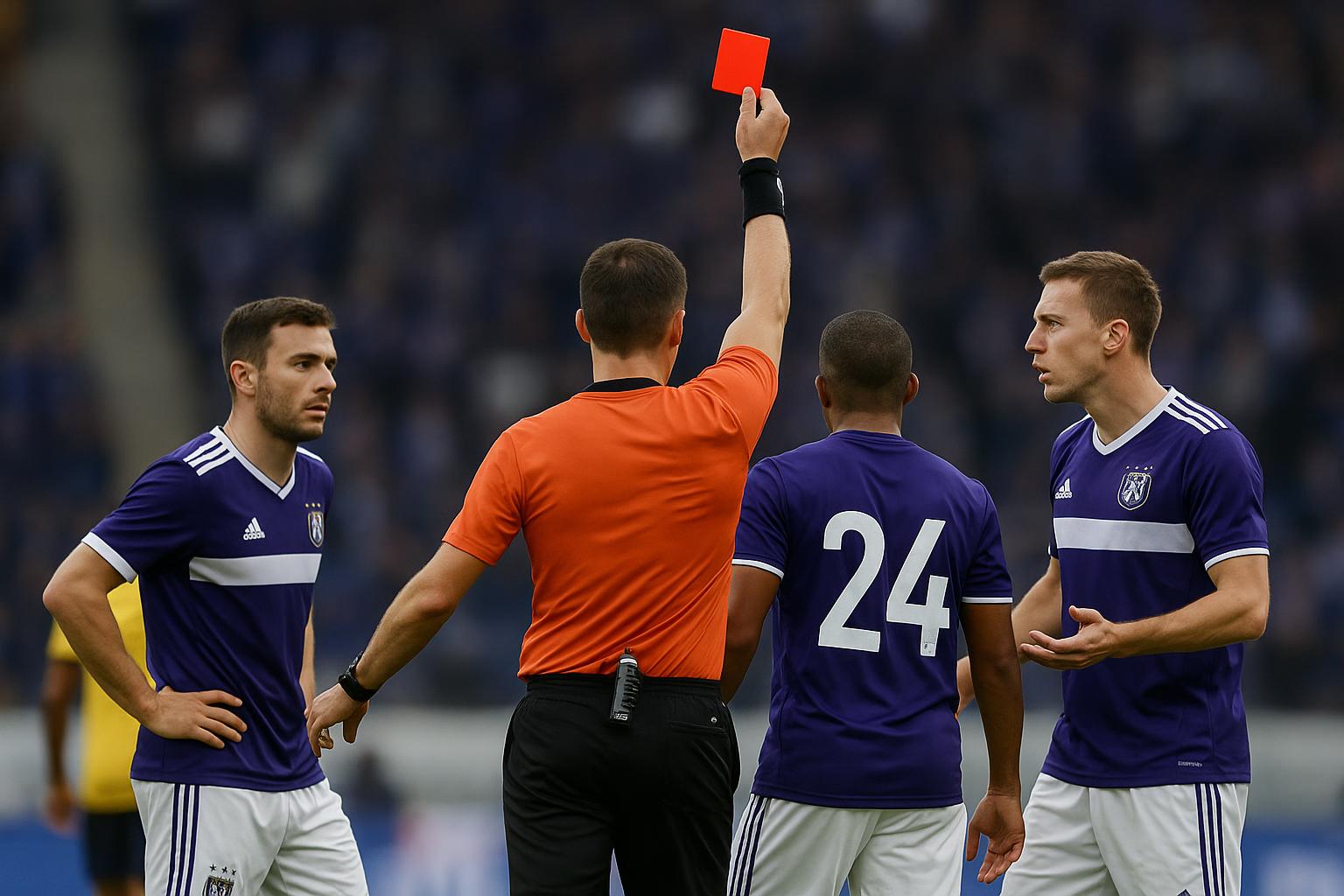 Sfeerbeeld van een wedstrijdmoment met discussie na een rode kaart bij Anderlecht tegen Union