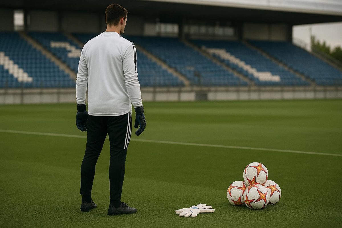Trainingssituatie van een doelman bij Real Madrid als verwijzing naar de nakende rentree van Thibaut Courtois