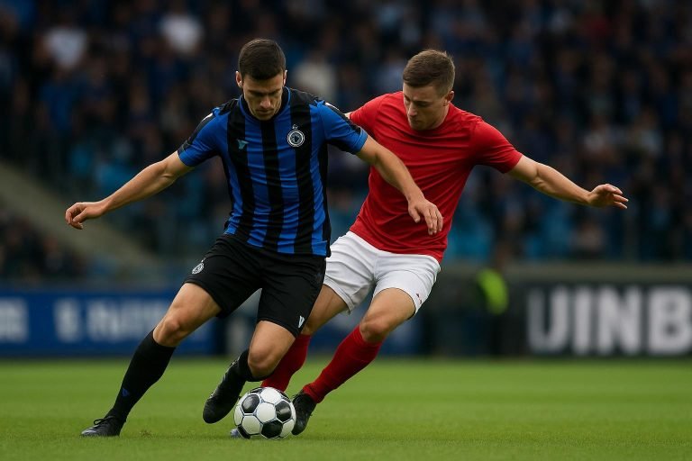 Hugo Vetlesen van Club Brugge in actie op het middenveld tijdens een wedstrijd