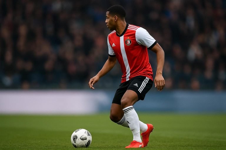 Ayase Ueda in actie voor Feyenoord tijdens een wedstrijd in het stadion