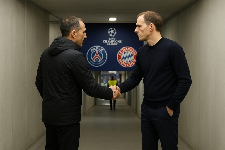 Vincent Kompany en Luis Enrique begroeten elkaar na PSG tegen Bayern München in de Champions League.