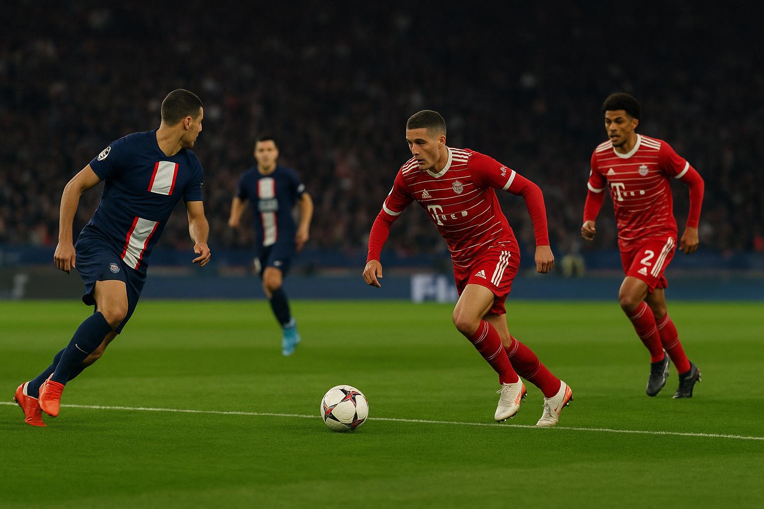 Actiebeeld uit PSG tegen Bayern München met veel ruimte op het veld