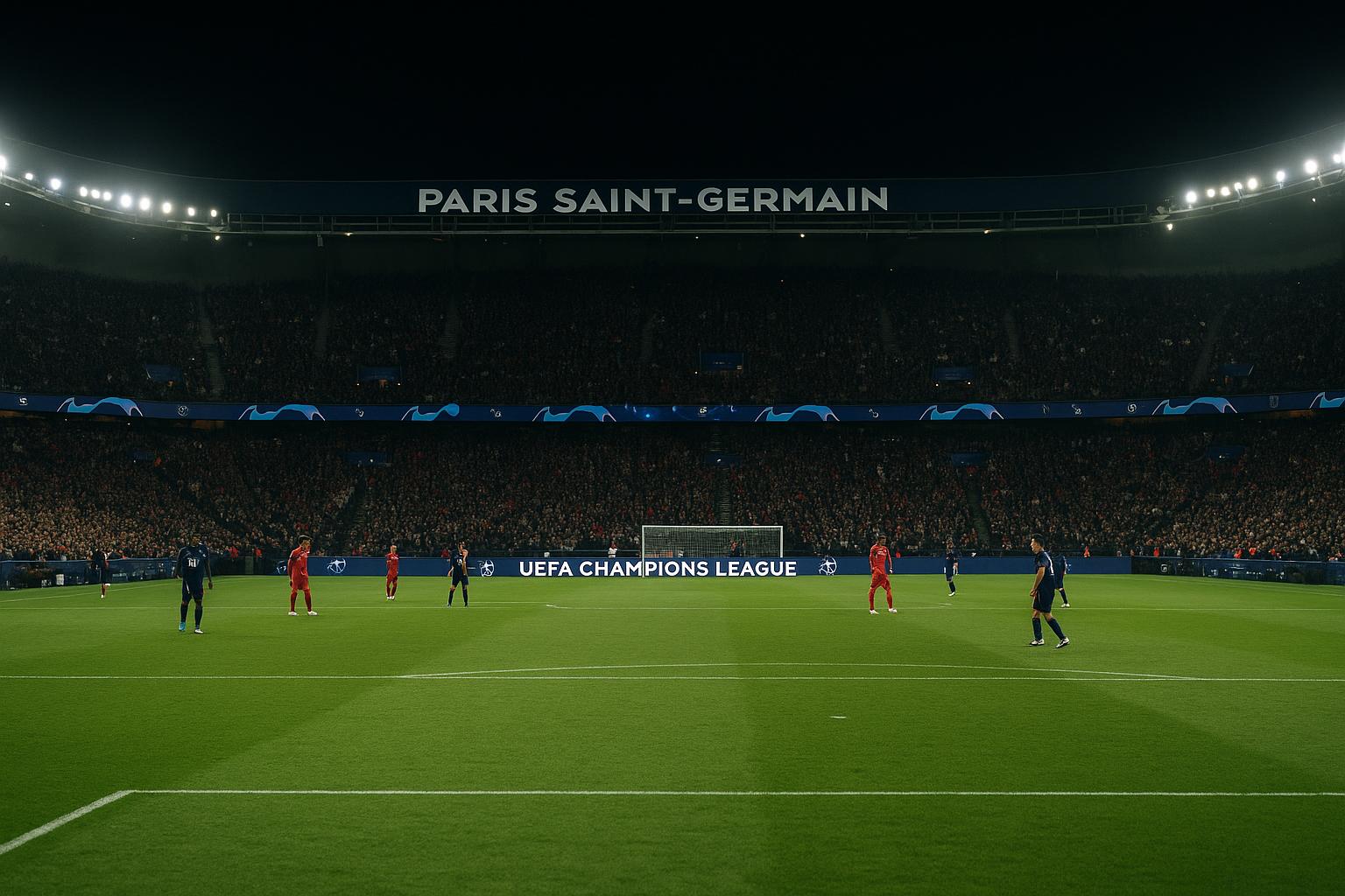 Sfeerbeeld van een Champions League-wedstrijd tussen PSG en Bayern München in een verlicht stadion