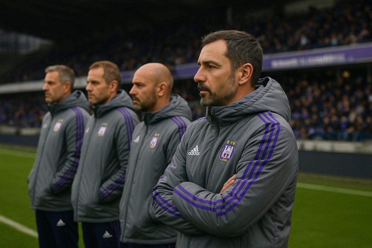 Beeld van een coach in Anderlecht-context langs de zijlijn, zonder herkenbare gezichten.