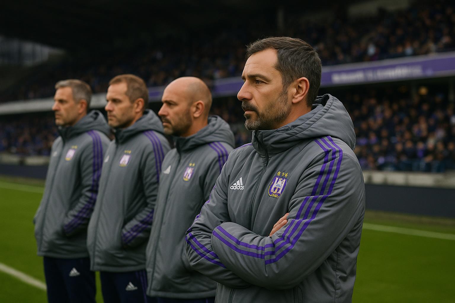 Beeld van een coach in Anderlecht-context langs de zijlijn, zonder herkenbare gezichten.