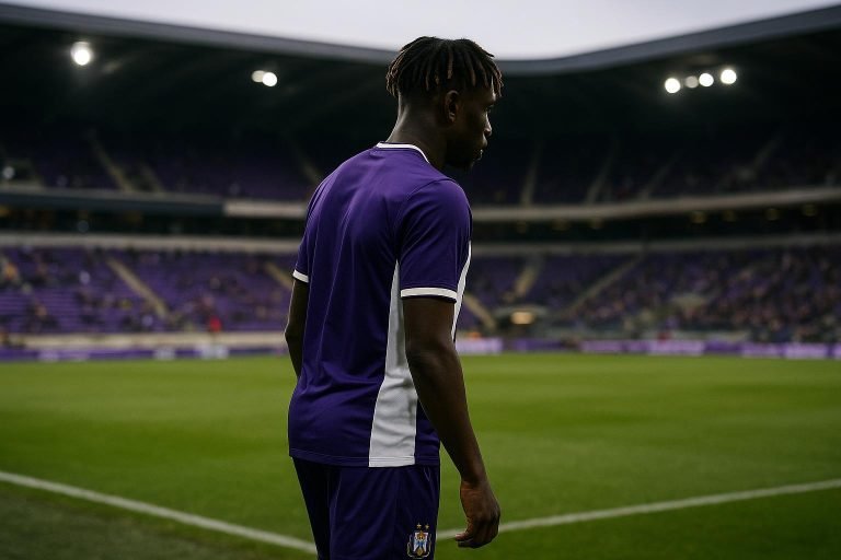 Moussa Ndiaye van RSC Anderlecht oogt teleurgesteld tijdens een wedstrijd in het Lotto Park.