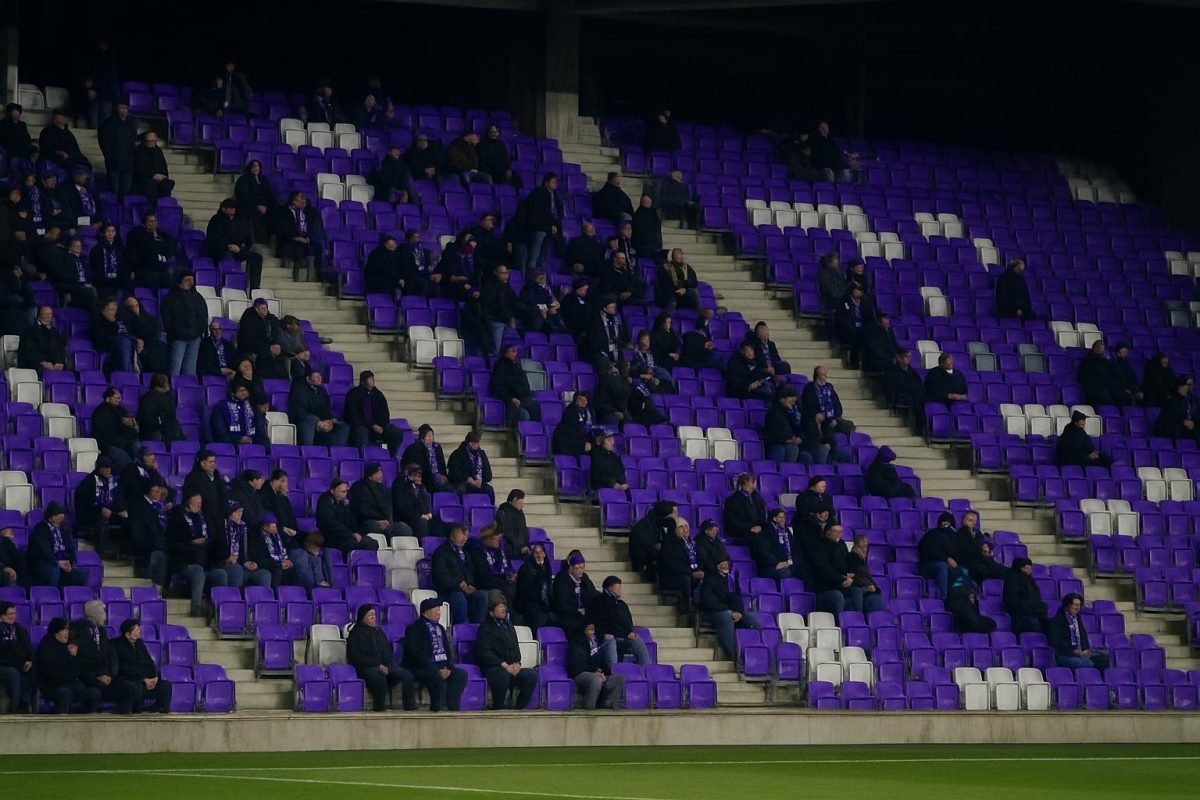 Sfeerbeeld in het Olympisch Stadion van Beerschot tijdens een avondmatch, met tribunes zonder herkenbare gezichten.
